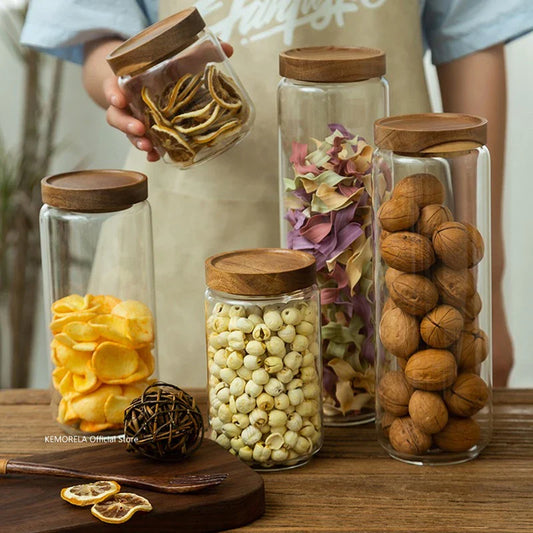 Glass Airtight Canister with Wood Lid - Kitchen Storage Jar
